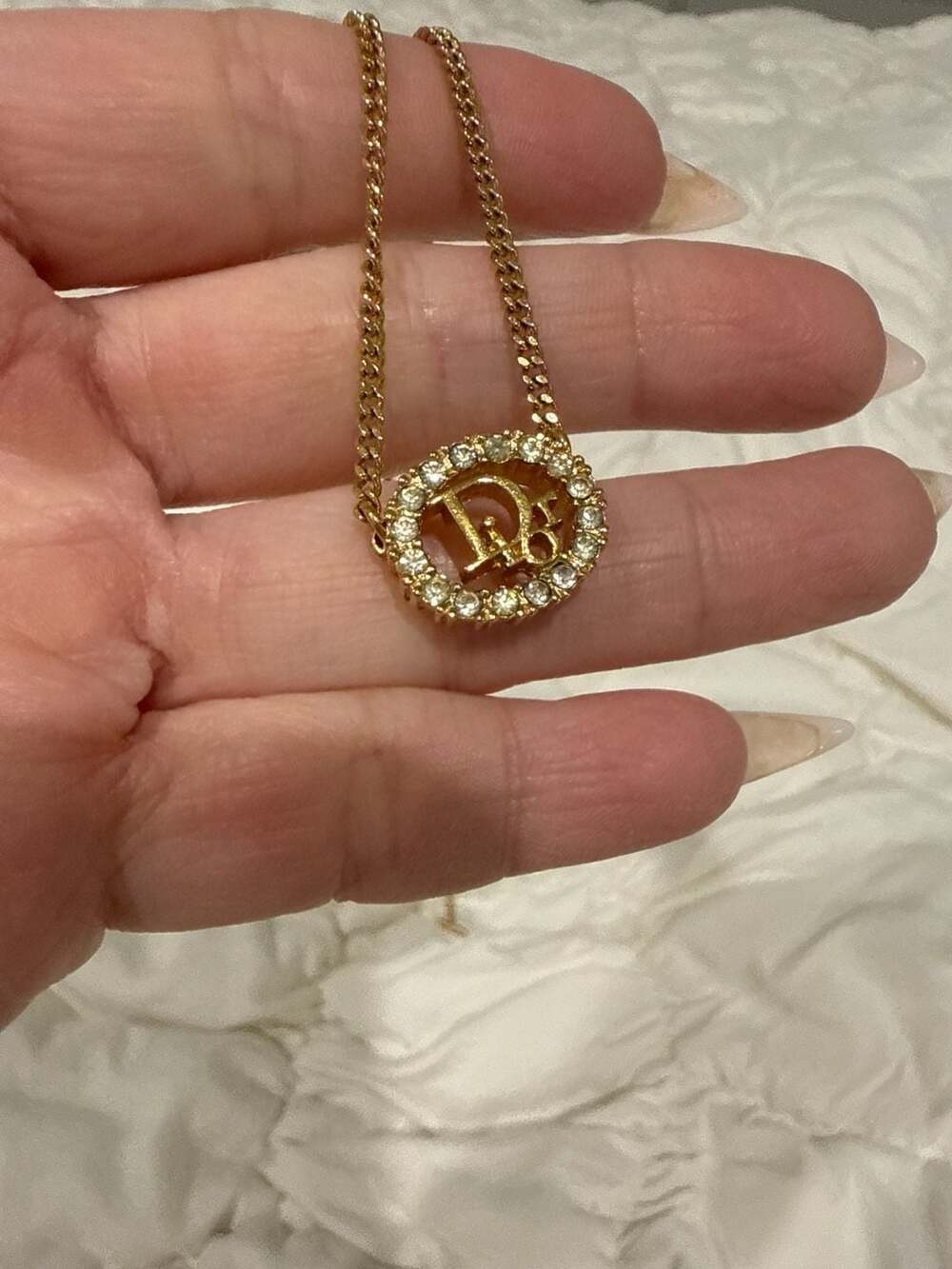 Christian Dior Vintage Gold Tone Rhinestone Logo Circle Necklace
